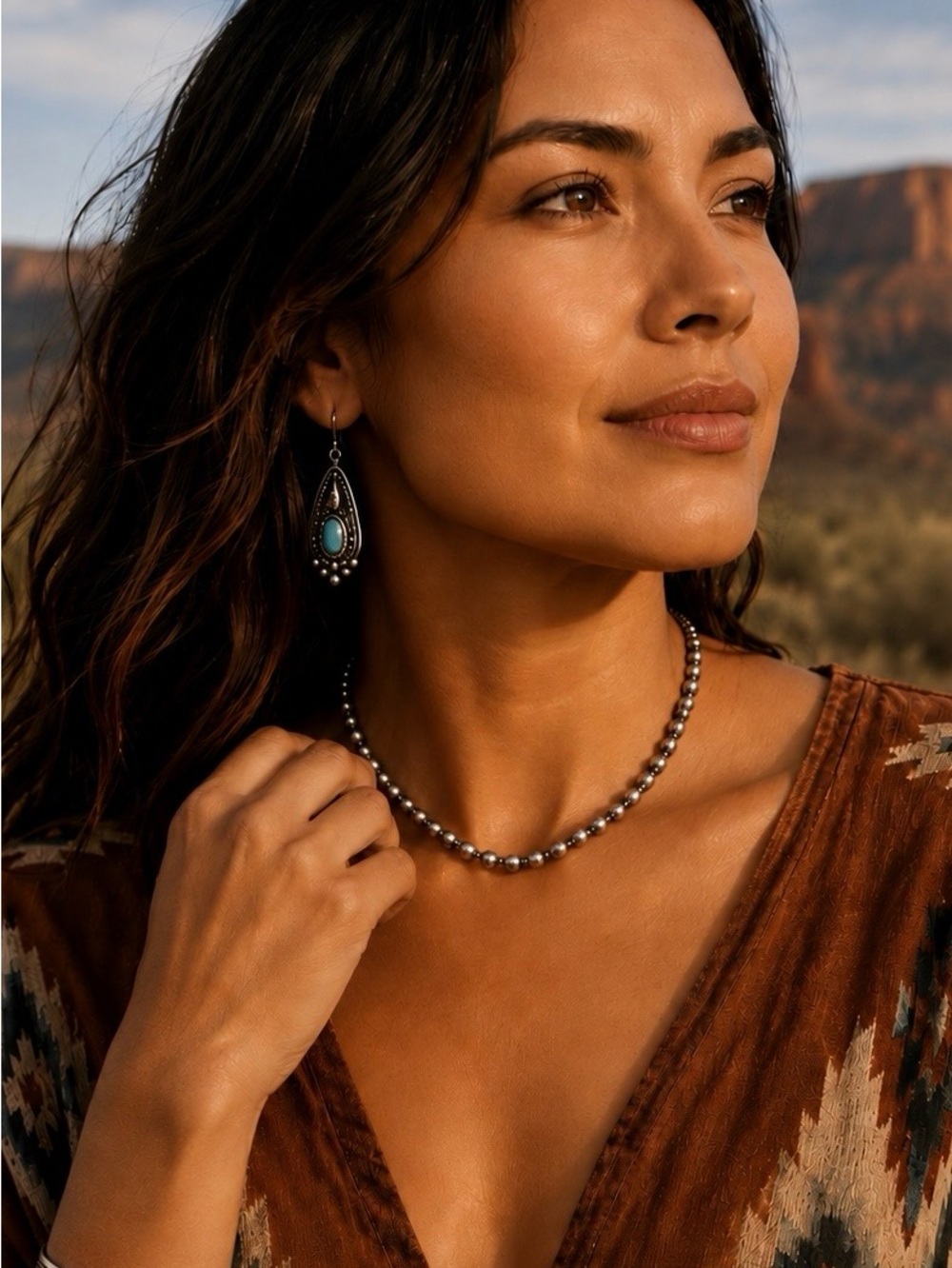 Native Style Southwest 8mm Round Navajo Pearl Inspired Silver Beaded Necklace